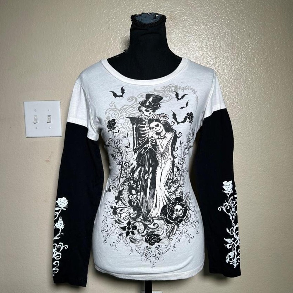 Y2K Gothic Skeleton Graphic Long Sleeve Top Grunge Alt Black White Large 11-13